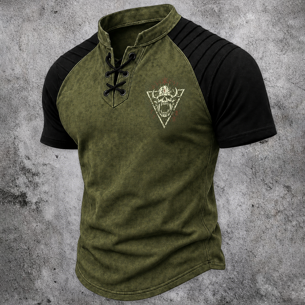 Skull Distressed Pleated Henley Shirt - NorseKin detail view 3