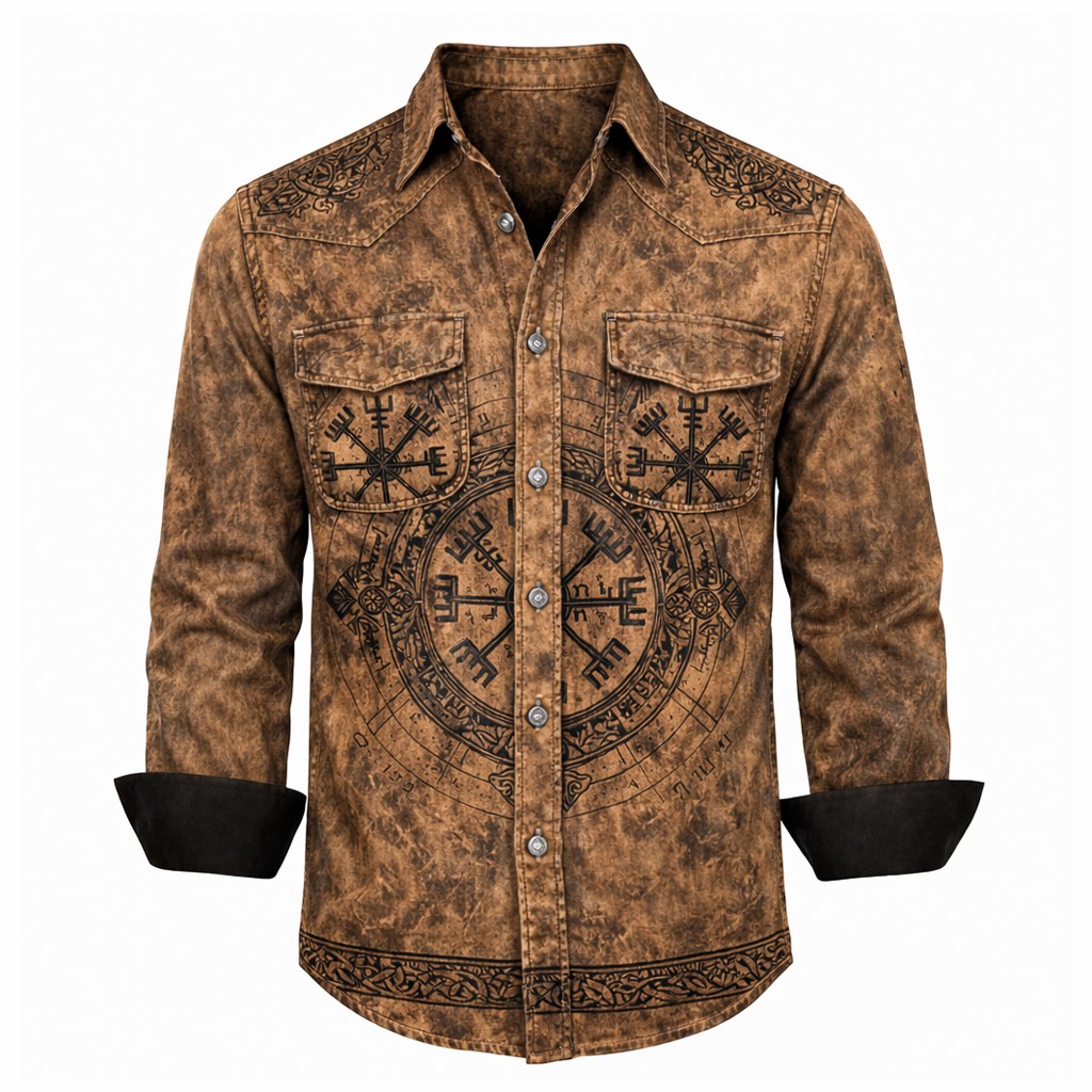 Norse Rune Brown Button-Down Shirt - NorseKin detail view 2