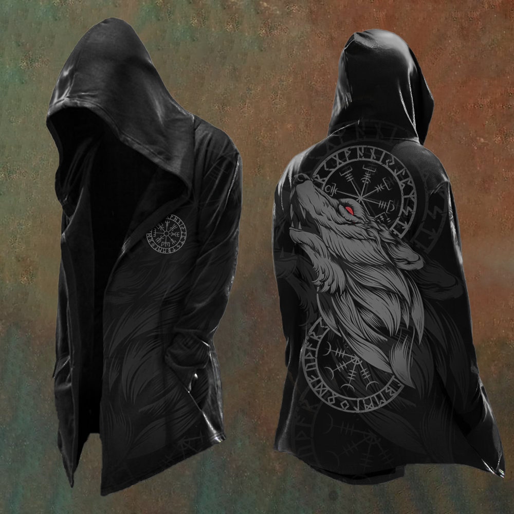Norse Mythology Wolf Graphic Vintage Hooded Coat - NorseKin detail view 2
