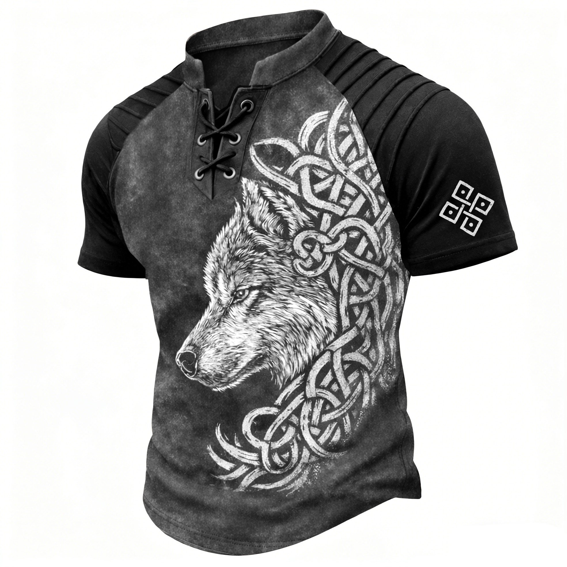 Wolf Blue Pleated Henley Shirt - NorseKin detail view 4