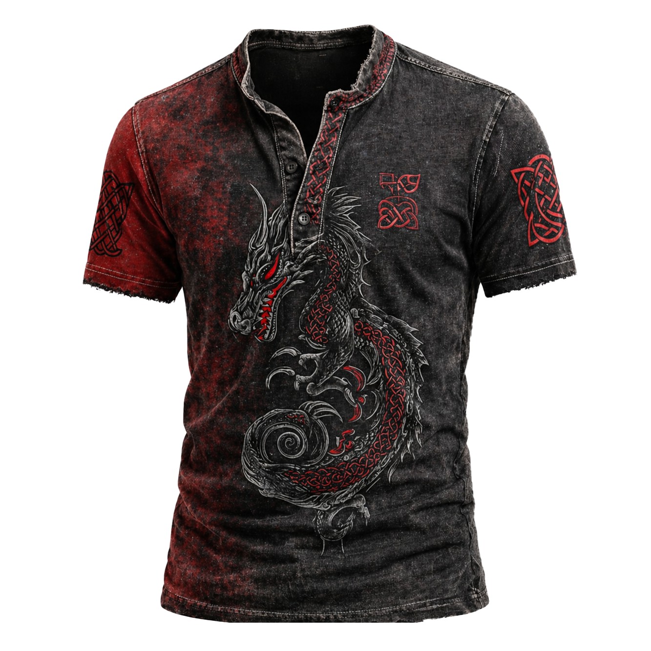Dragon Washed Black Henley Shirt - NorseKin front view