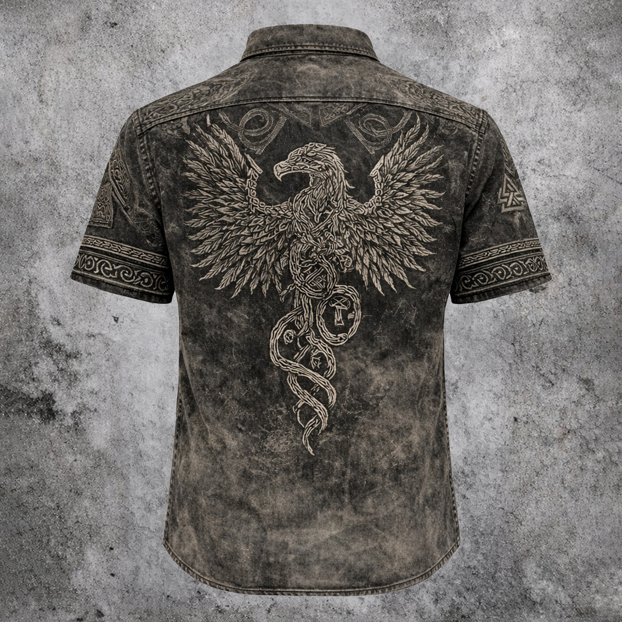 Norse Rune Washed Black Shirt - NorseKin front view