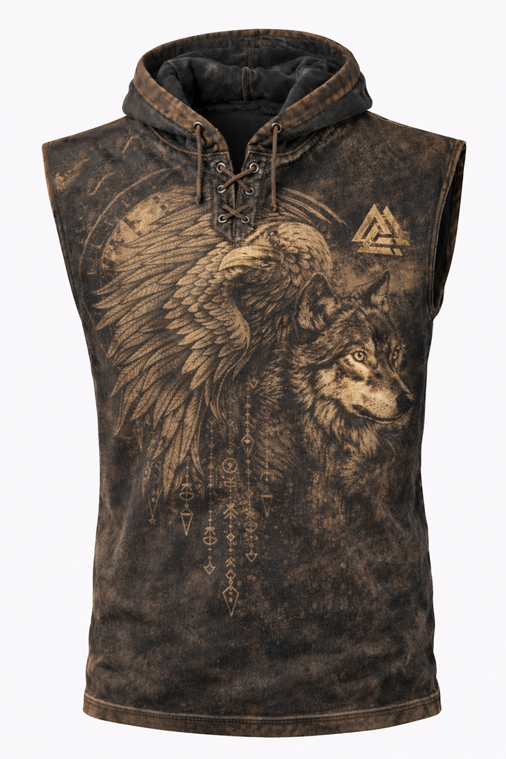 Wolf Textured Hooded Vest - Brown - NorseKin detail view 2