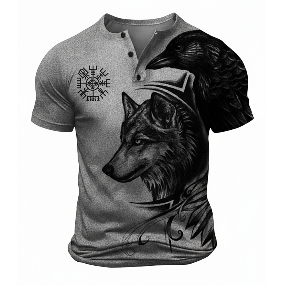Retro Viking Wolf Graphic Henley Shirt - NorseKin detail view 4