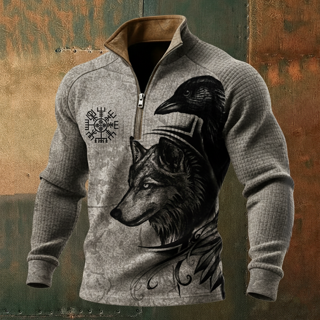 Norse Wolf & Raven Waffle-Knit Half-Zip Hoodie - NorseKin front view