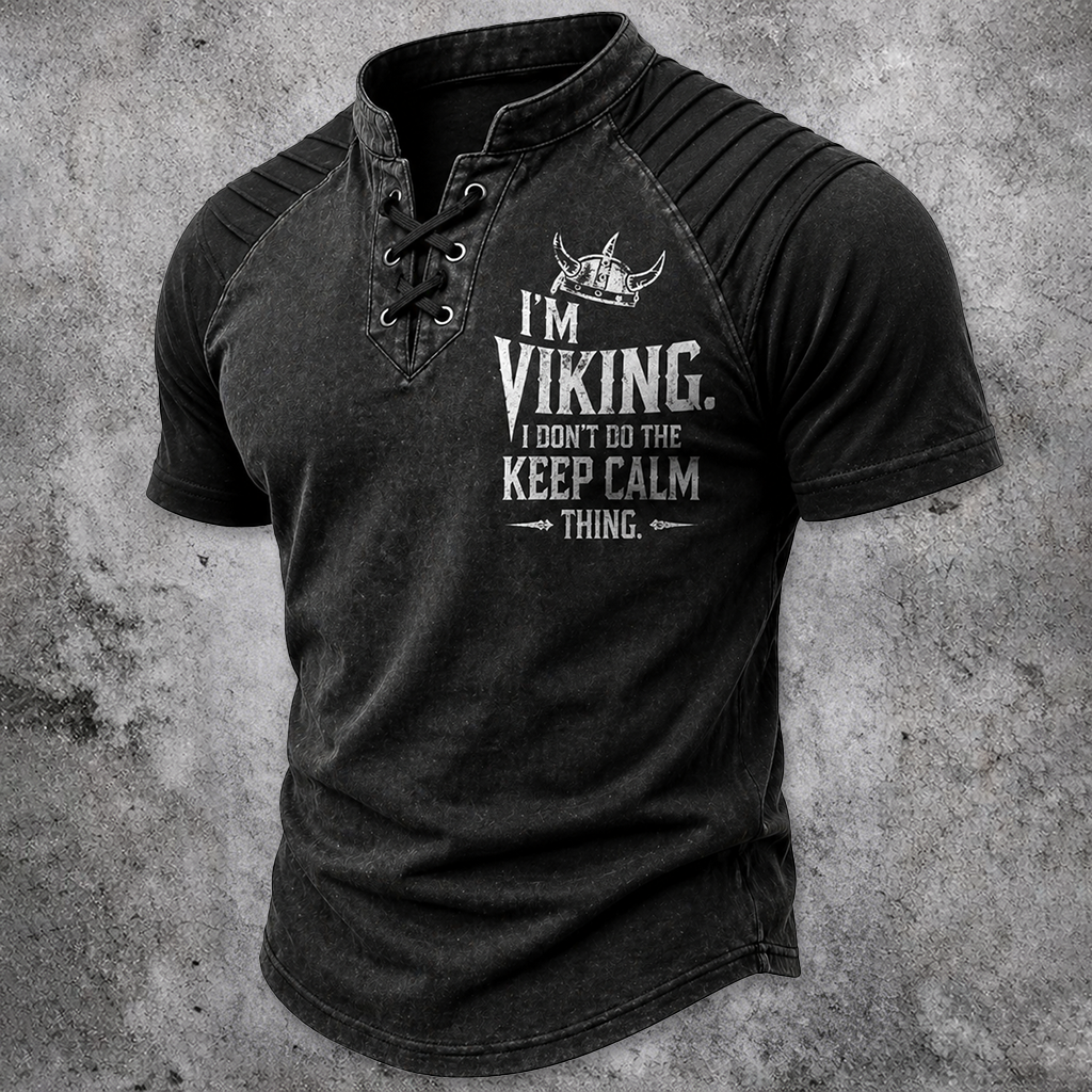 Norse Rune Washed Black Pleated Henley Shirt - NorseKin detail view 2