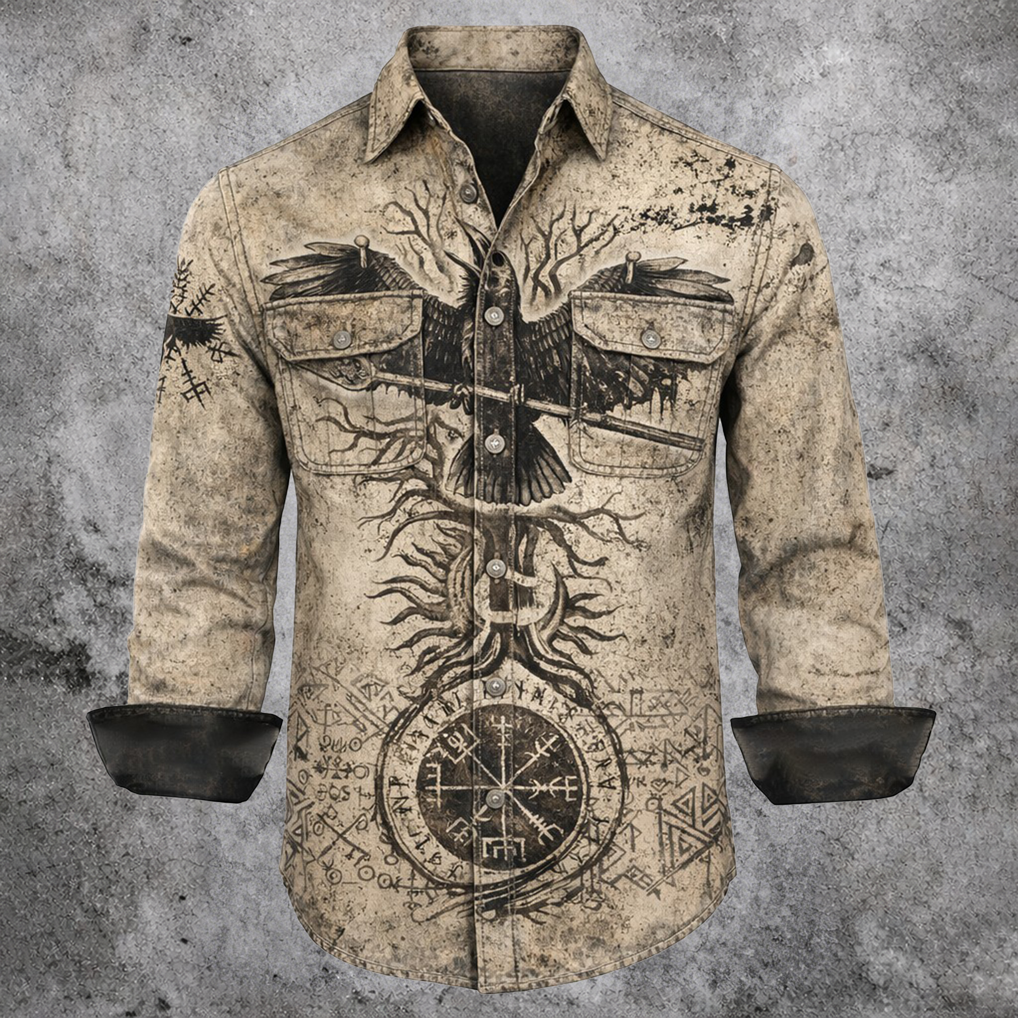 Raven Distressed Button-Down Shirt - NorseKin front view