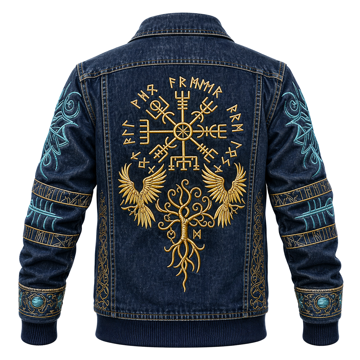 Norse Pattern Blue Denim Jacket - NorseKin front view