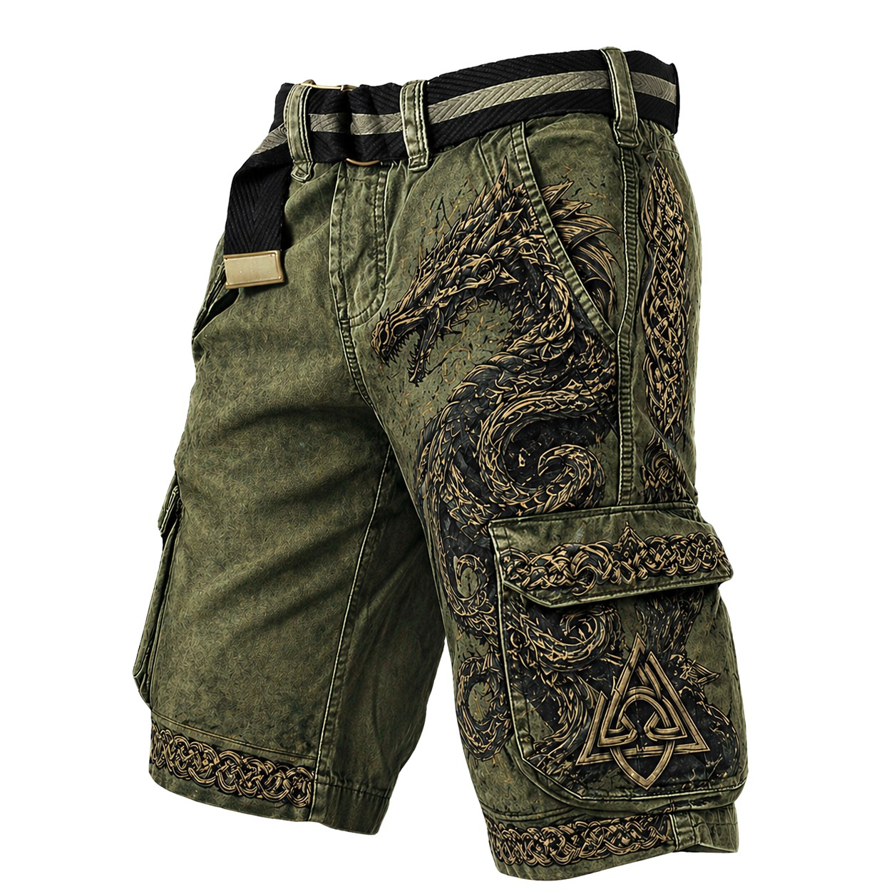 Dragon Olive Cargo Shorts - NorseKin front view
