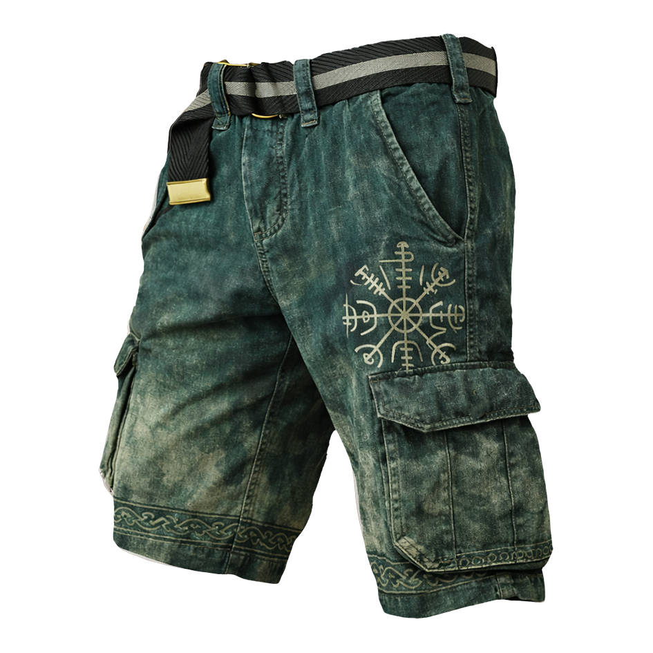 Celtic Knot Vegvisir Distressed Cargo Shorts - NorseKin detail view 2