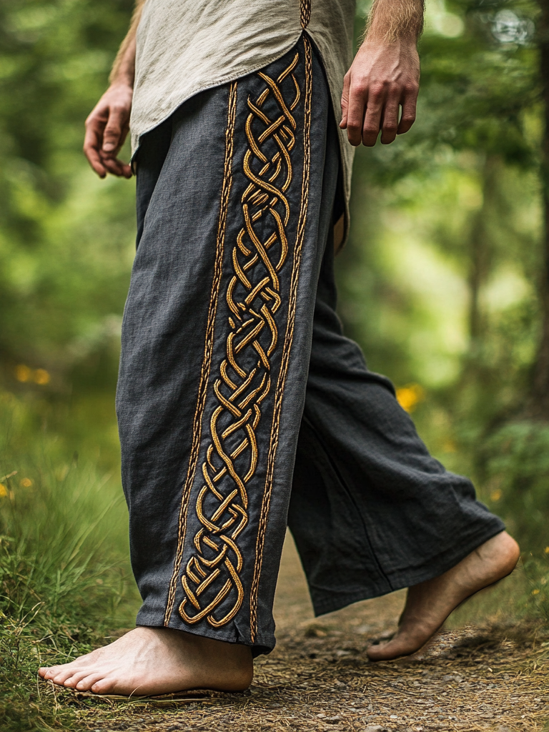 Viking Rune & Celtic Knot Tribal Linen Pants - NorseKin front view