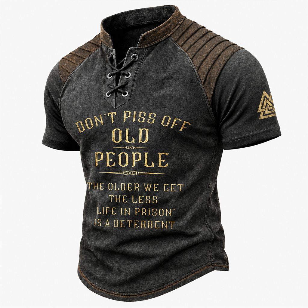 Norse Rune Distressed Pleated Henley Shirt - NorseKin front view