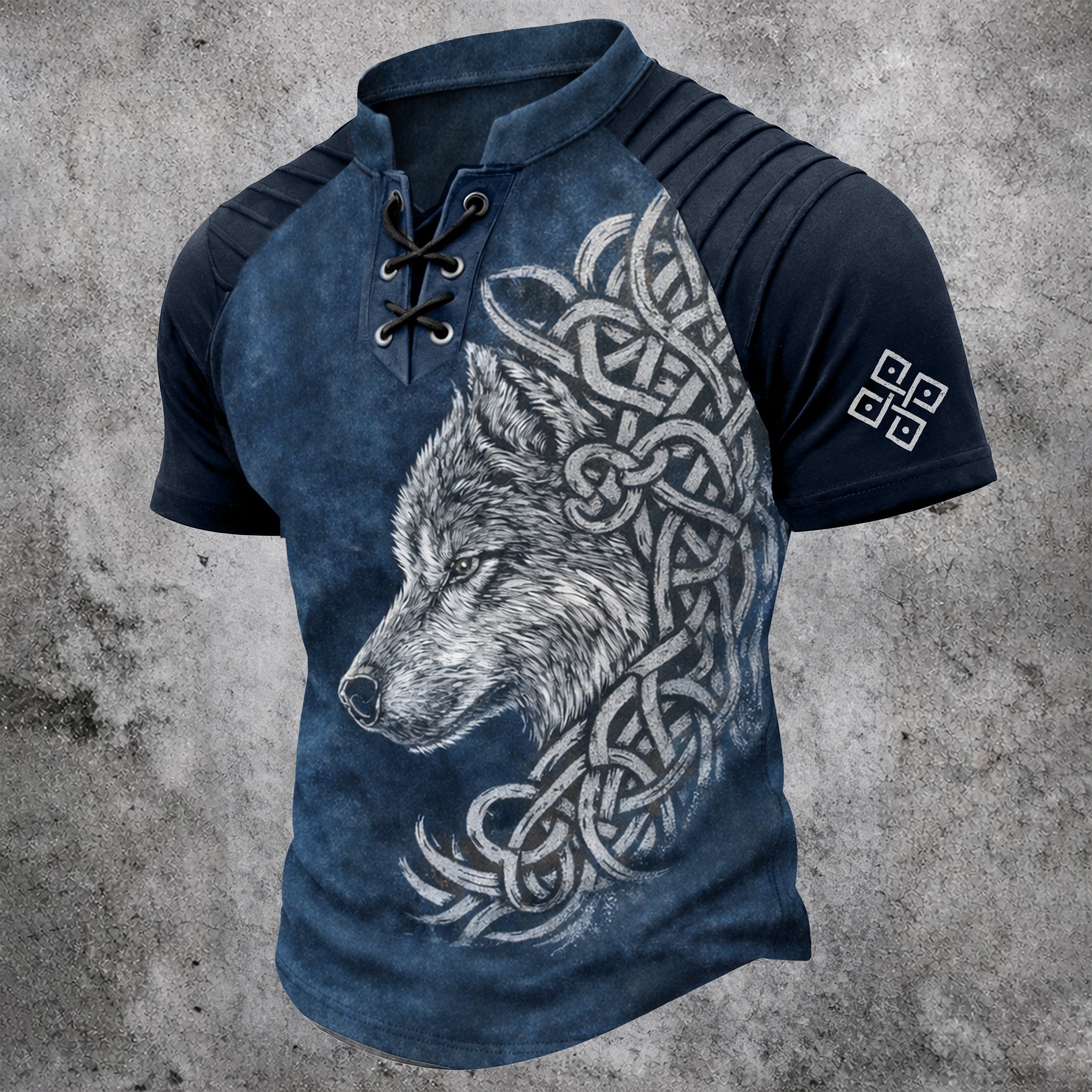 Wolf Blue Pleated Henley Shirt - NorseKin detail view 2