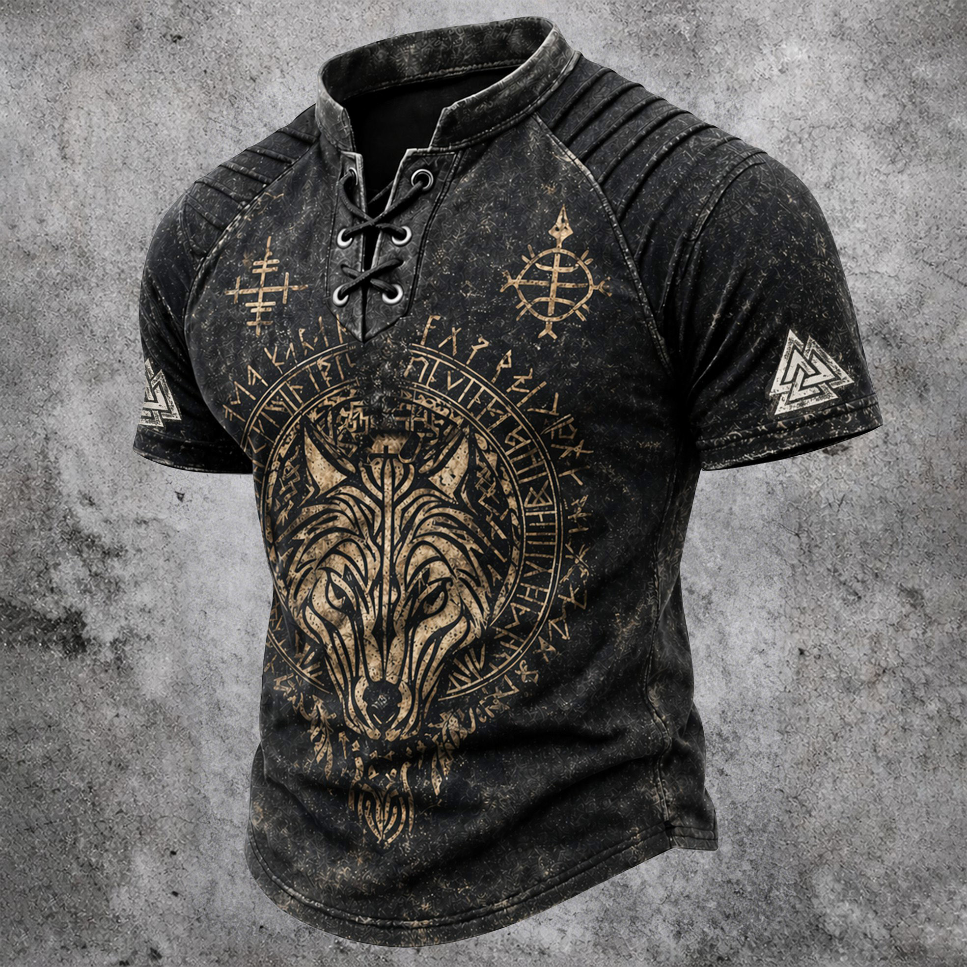 Wolf Black Pleated Henley Shirt - NorseKin detail view 2