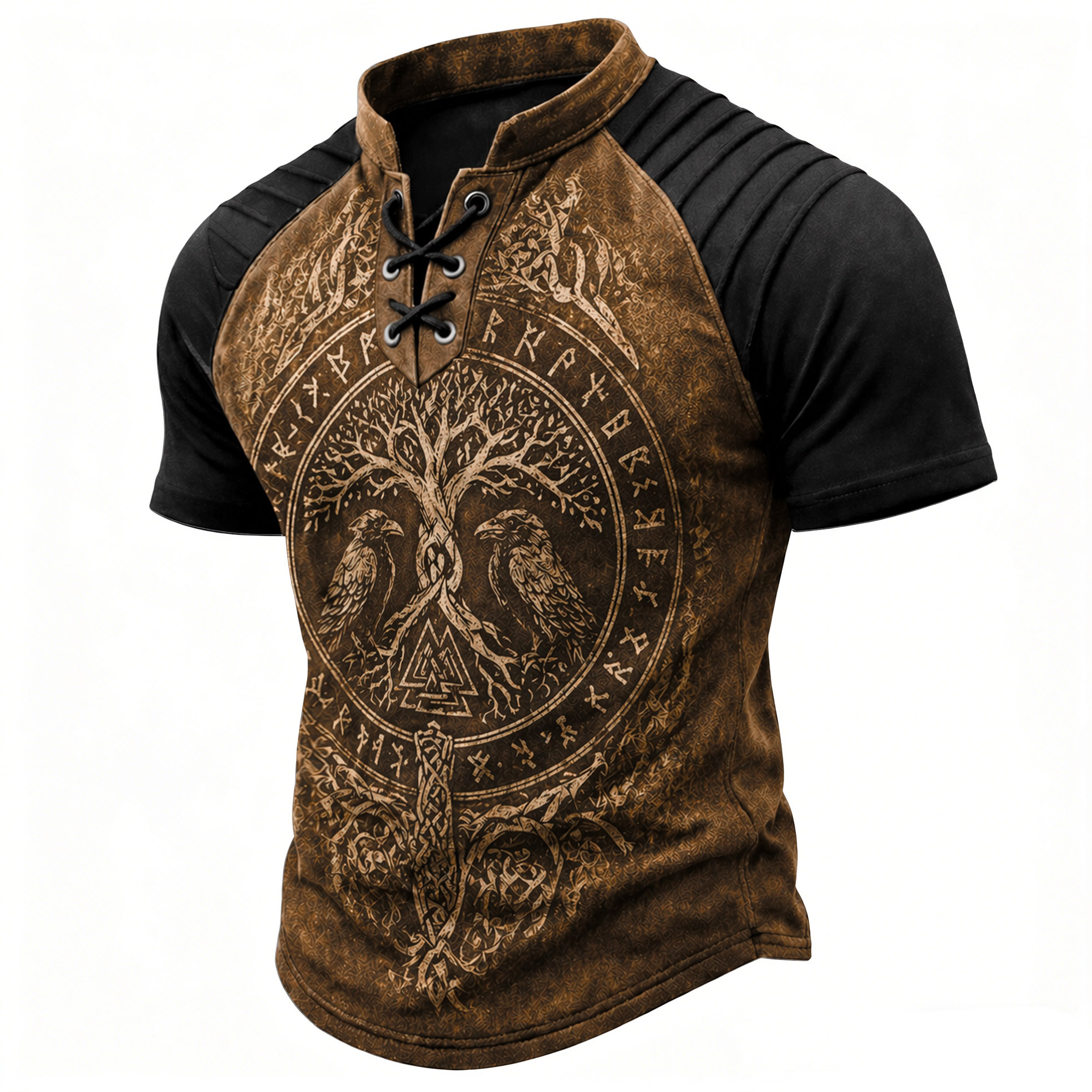 Norse Rune Pleated Henley Shirt - NorseKin front view
