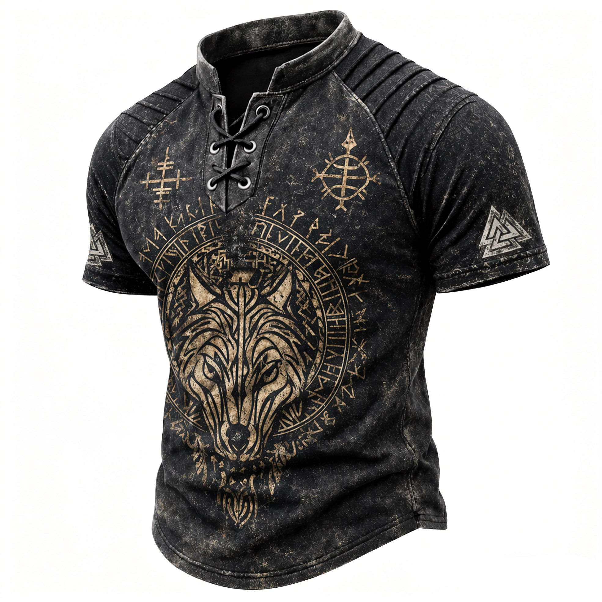 Wolf Black Pleated Henley Shirt - NorseKin front view