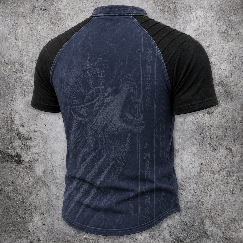 Wolf Pleated Henley Shirt - NorseKin detail view 3
