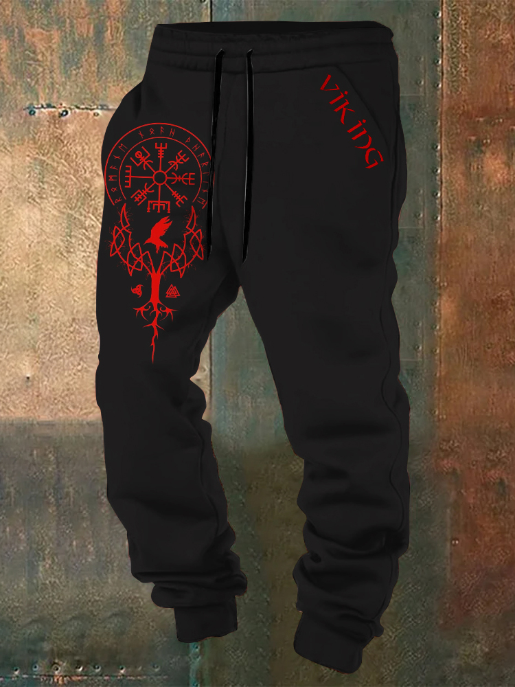 Viking Totem Art Vintage Print Sweatpants - NorseKin front view