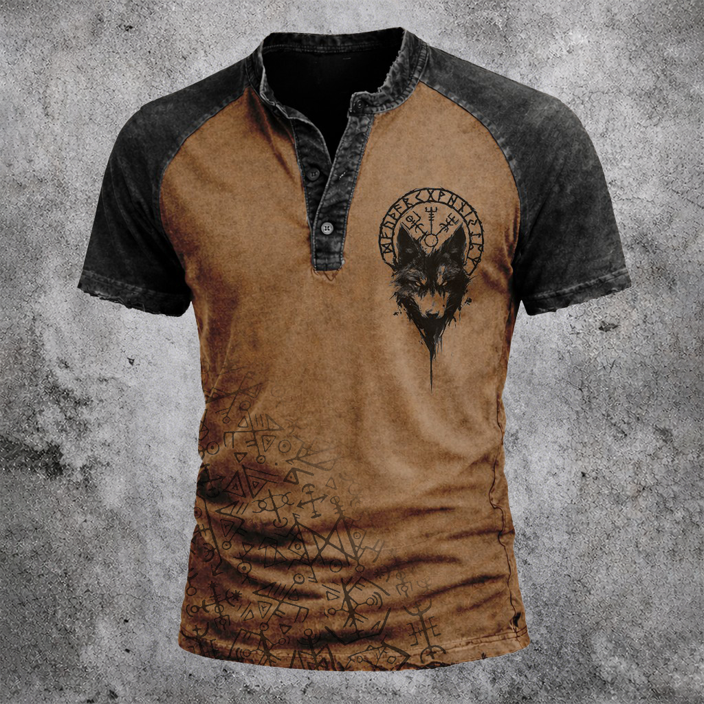 Wolf Distressed Henley Shirt - NorseKin front view