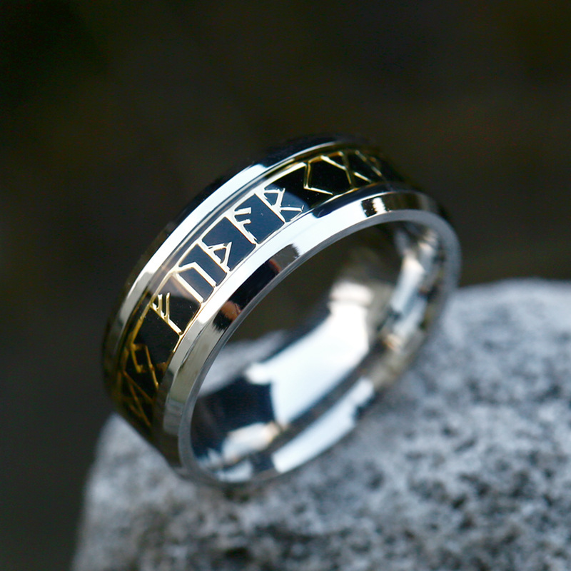 Norse Runic Alphabet Titanium Steel Ring - NorseKin front view