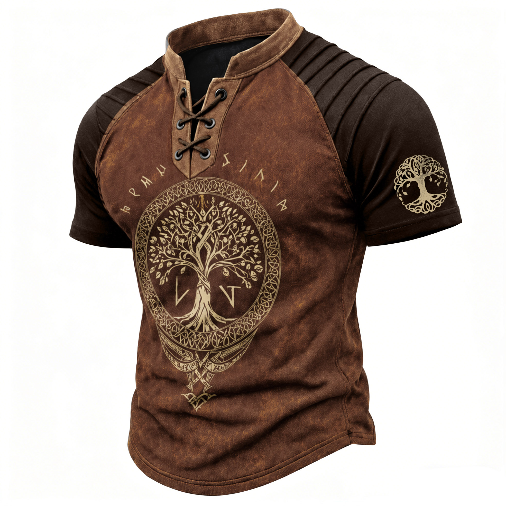 Yggdrasil Distressed Pleated Henley Shirt - NorseKin detail view 4