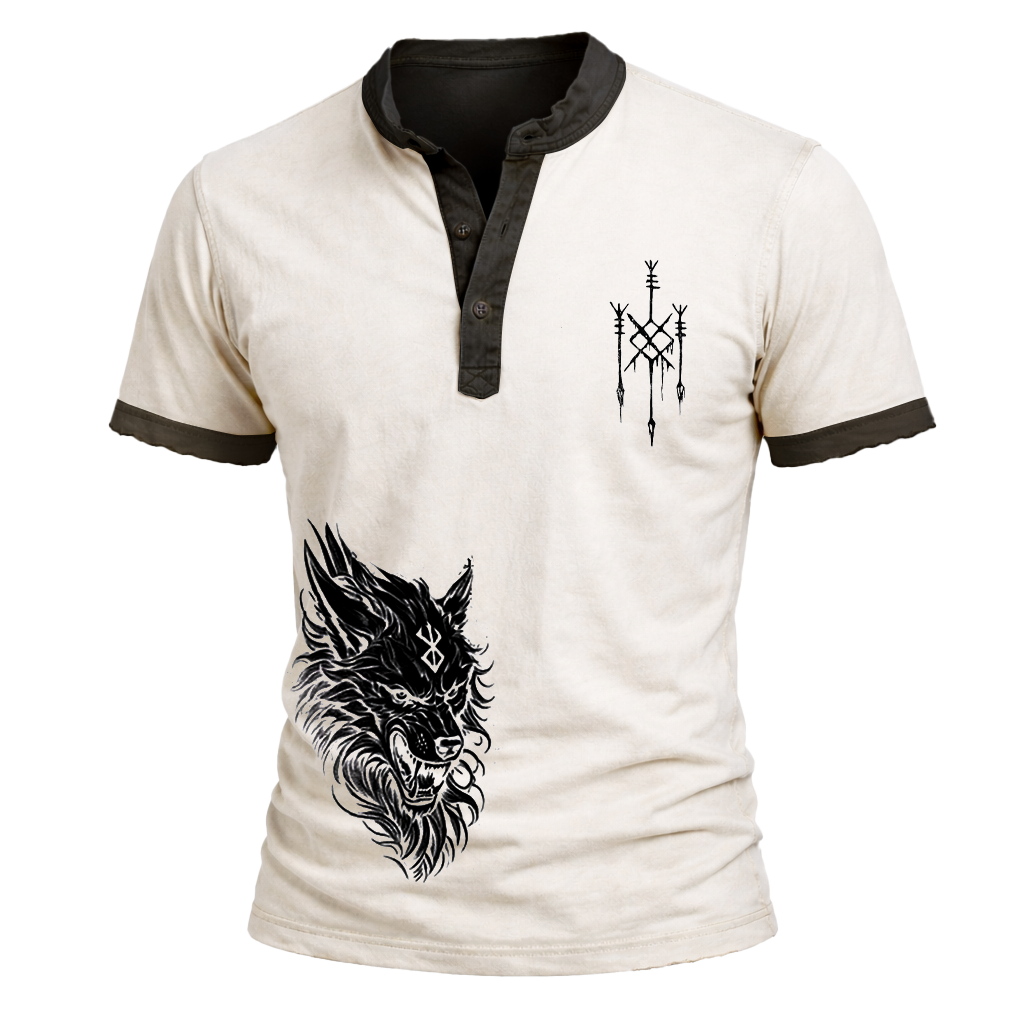 Wolf Contrast Henley Shirt - NorseKin detail view 2