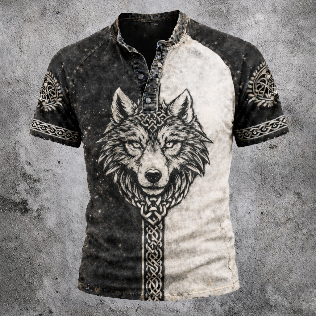 Wolf Distressed Henley Shirt - NorseKin front view
