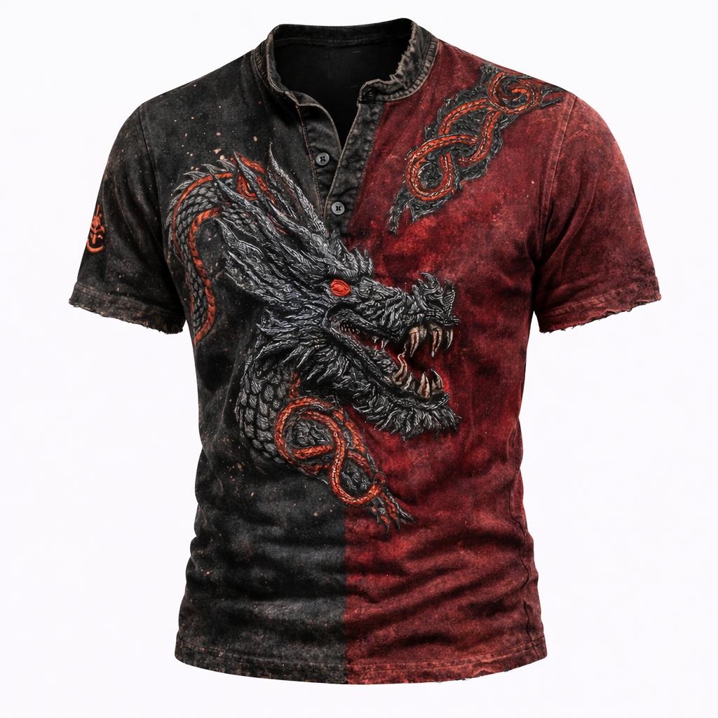 Dragon Black Henley Shirt - NorseKin detail view 2
