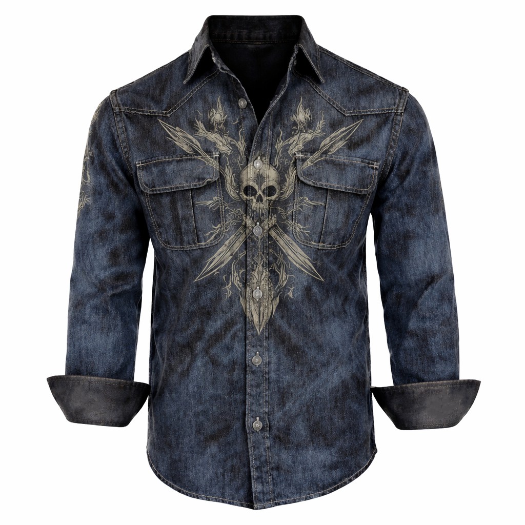 Skull Denim Pocket Shirt - NorseKin detail view 2