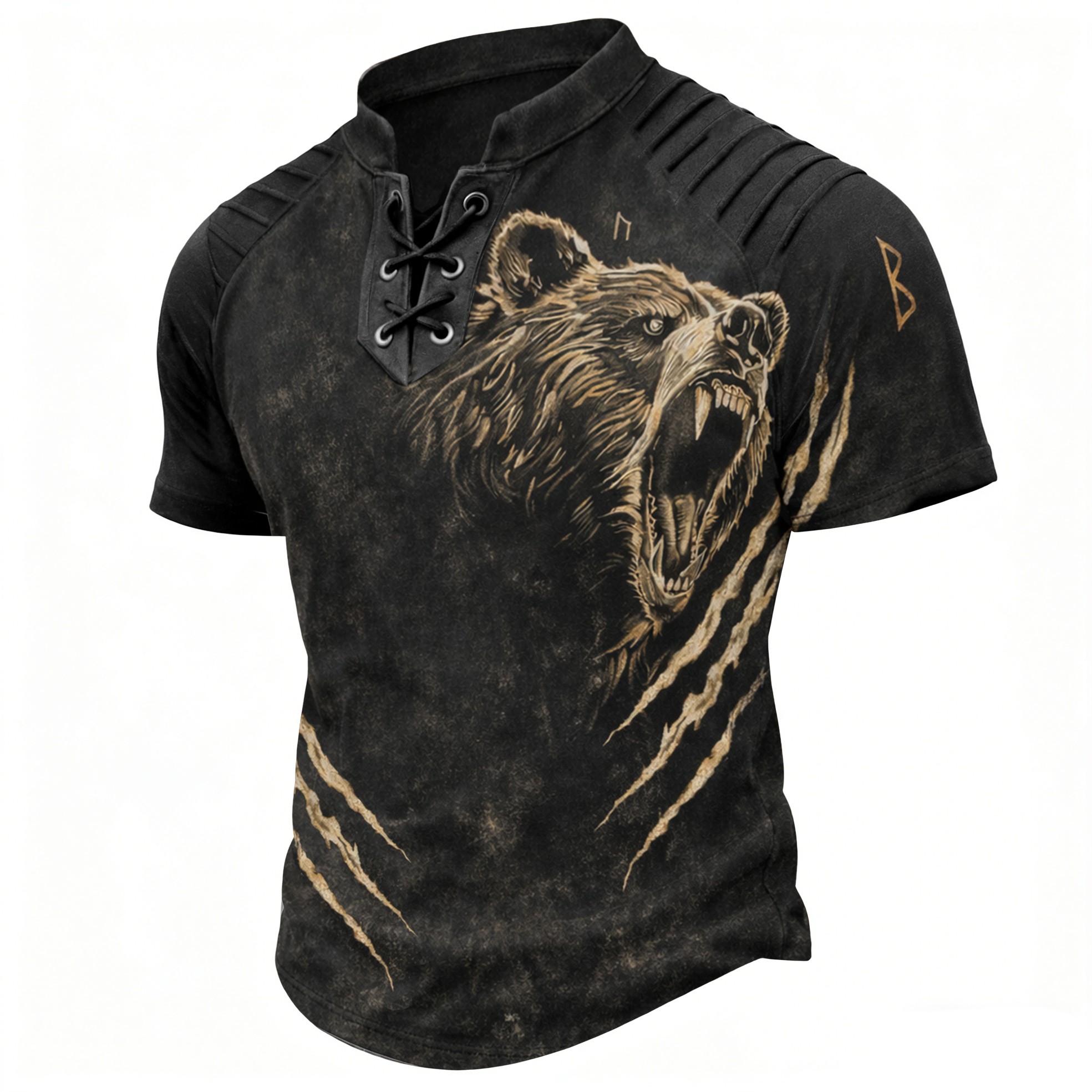 Norse Rune Black Pleated Henley Shirt - NorseKin detail view 2