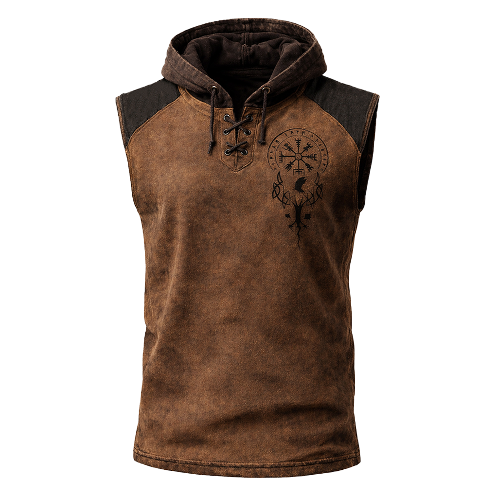 Norse Rune Textured Hooded Vest - Brown - NorseKin front view
