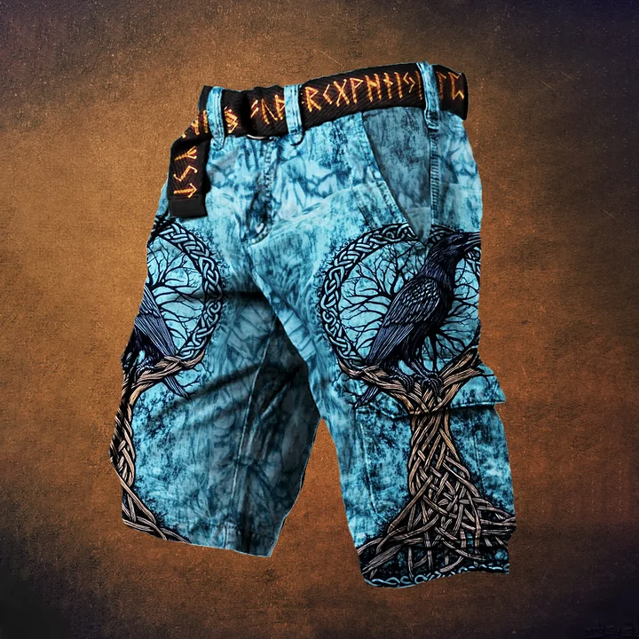 Viking Life Tree & Raven Rune Graphic Cargo Shorts - NorseKin detail view 2