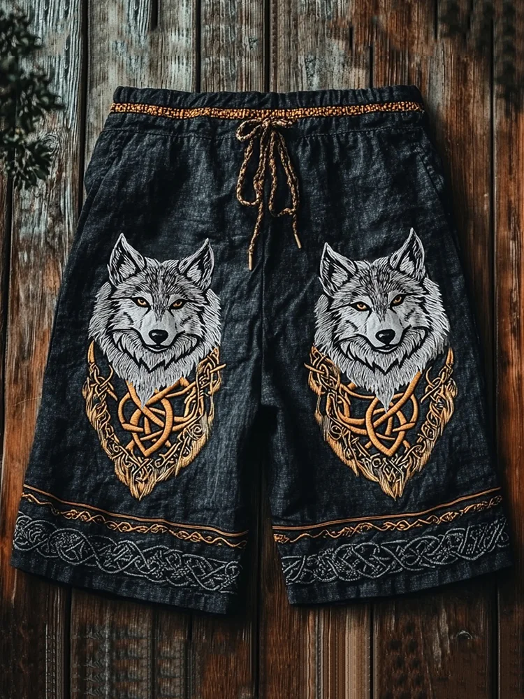 Wolf Rune Linen Sport Shorts - NorseKin front view