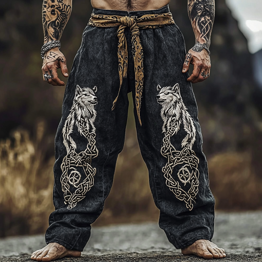 Fenrir Wolf Mythical Vintage Graphic Sweatpants - NorseKin detail view 2