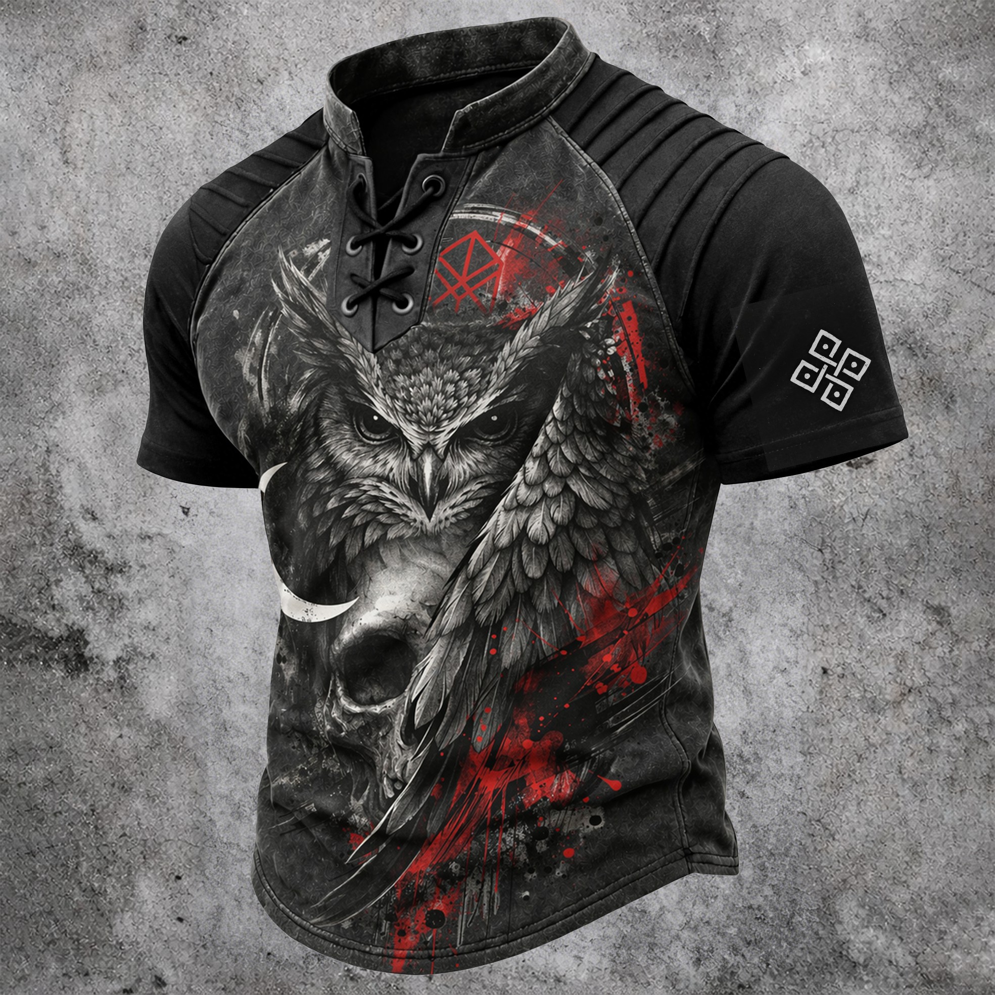 Skull Distressed Pleated Henley Shirt - NorseKin detail view 2