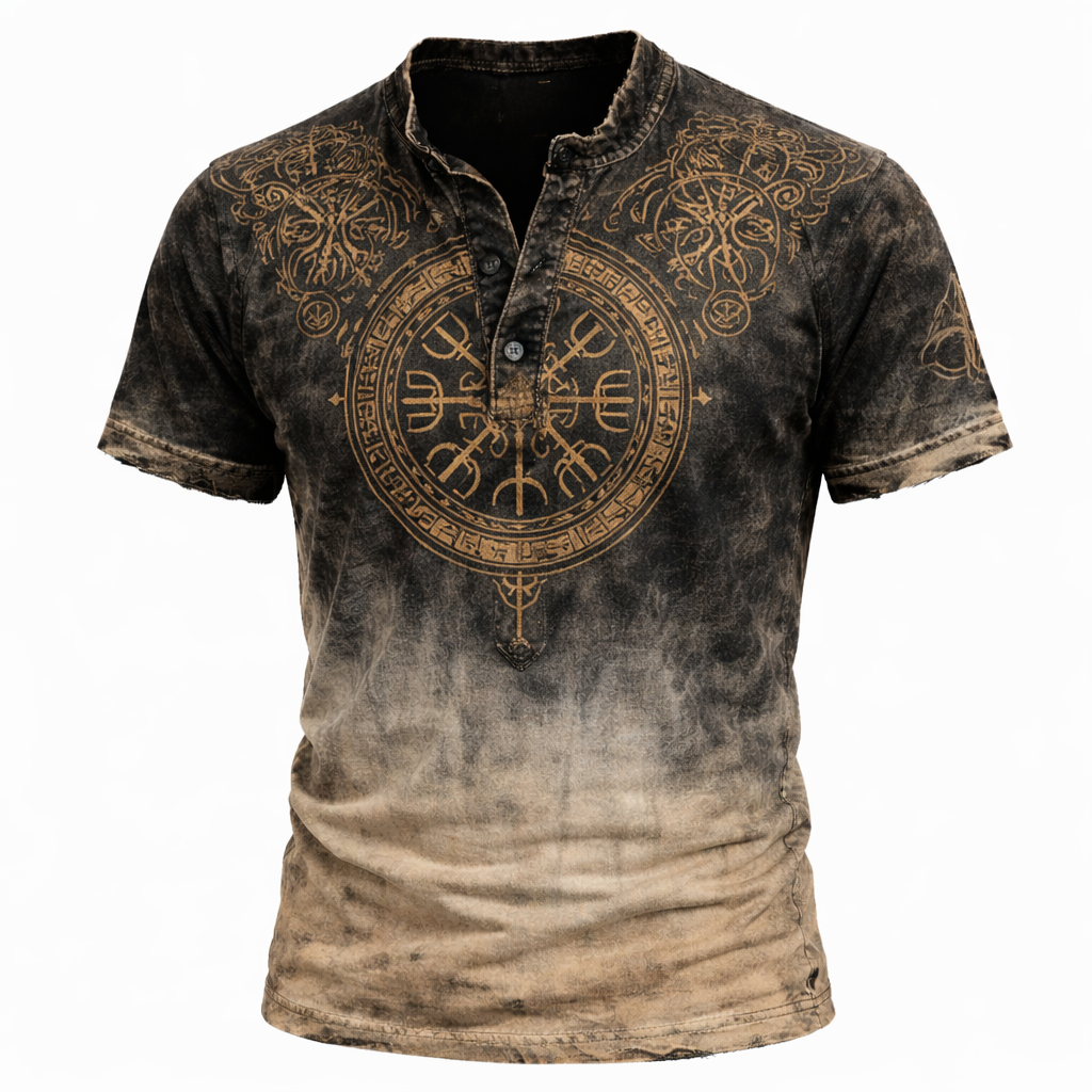 Norse Rune Distressed Henley Shirt - NorseKin detail view 2
