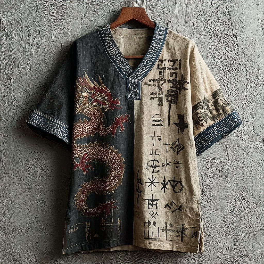 Dragon Linen V-Neck Tee - NorseKin front view