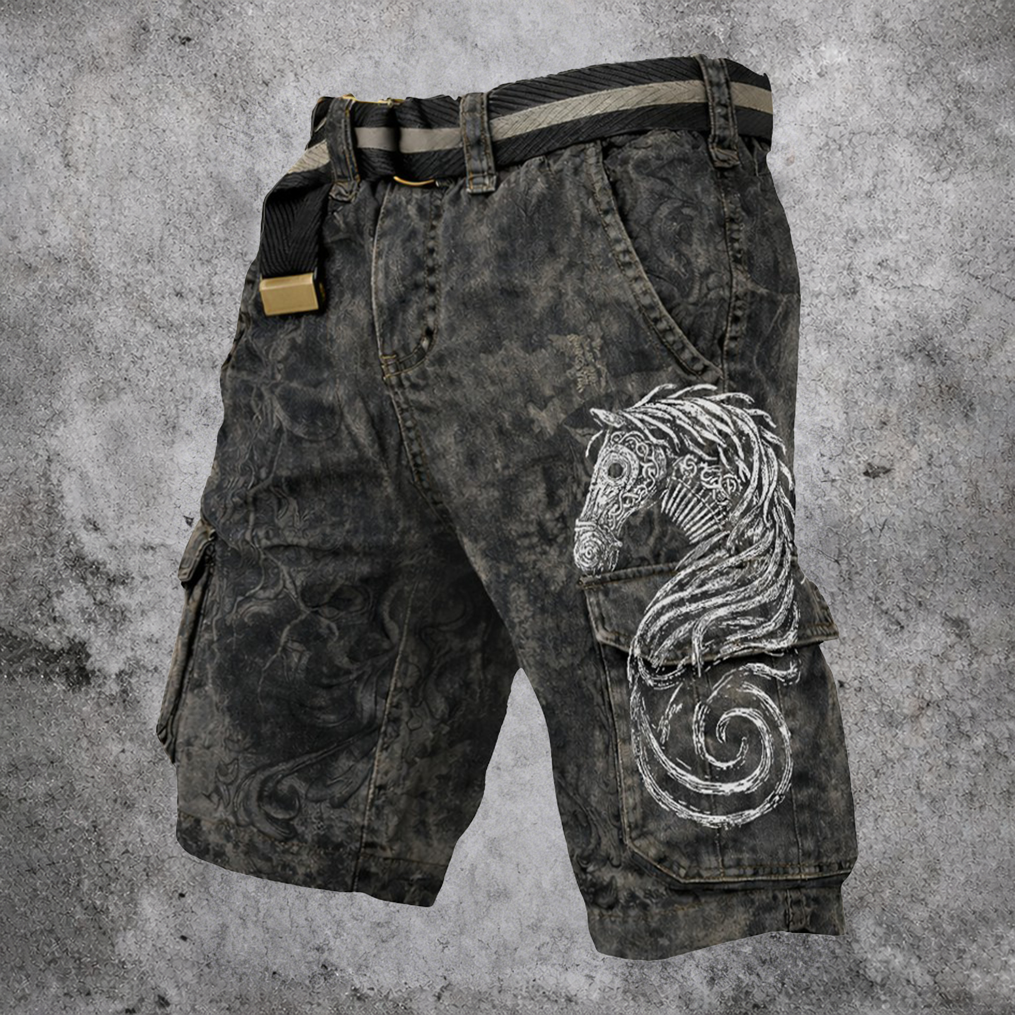 Norse Rune Washed Black Cargo Shorts - NorseKin front view