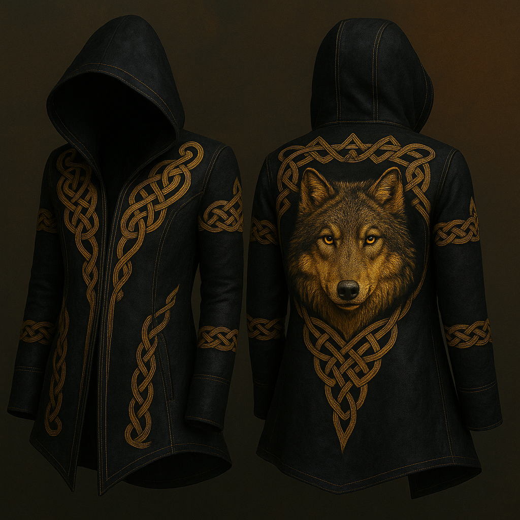 Alpha Wolf & Norse Knot Vintage Hooded Coat - NorseKin detail view 2