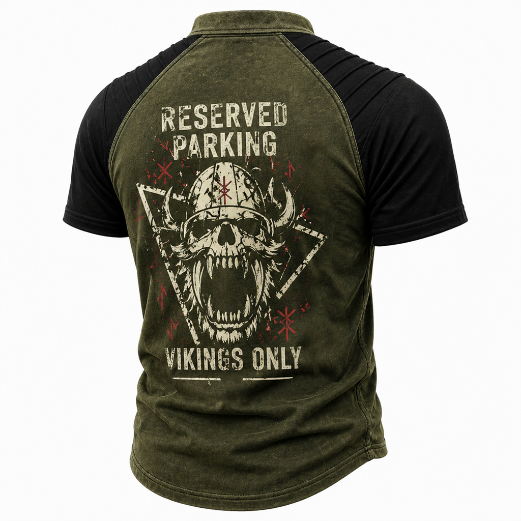 Skull Distressed Pleated Henley Shirt - NorseKin front view