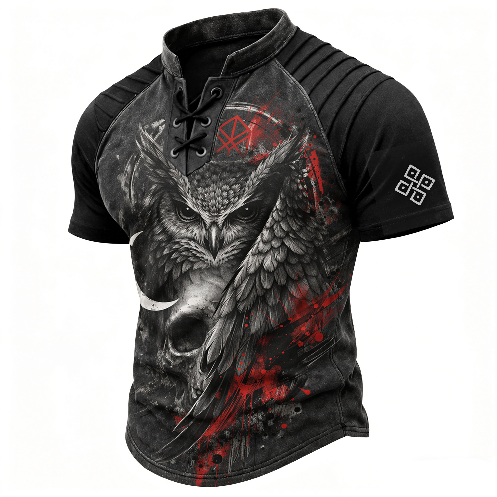 Skull Distressed Pleated Henley Shirt - NorseKin front view