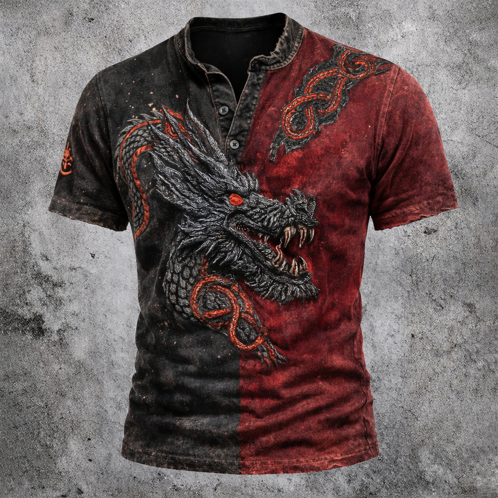 Dragon Black Henley Shirt - NorseKin front view