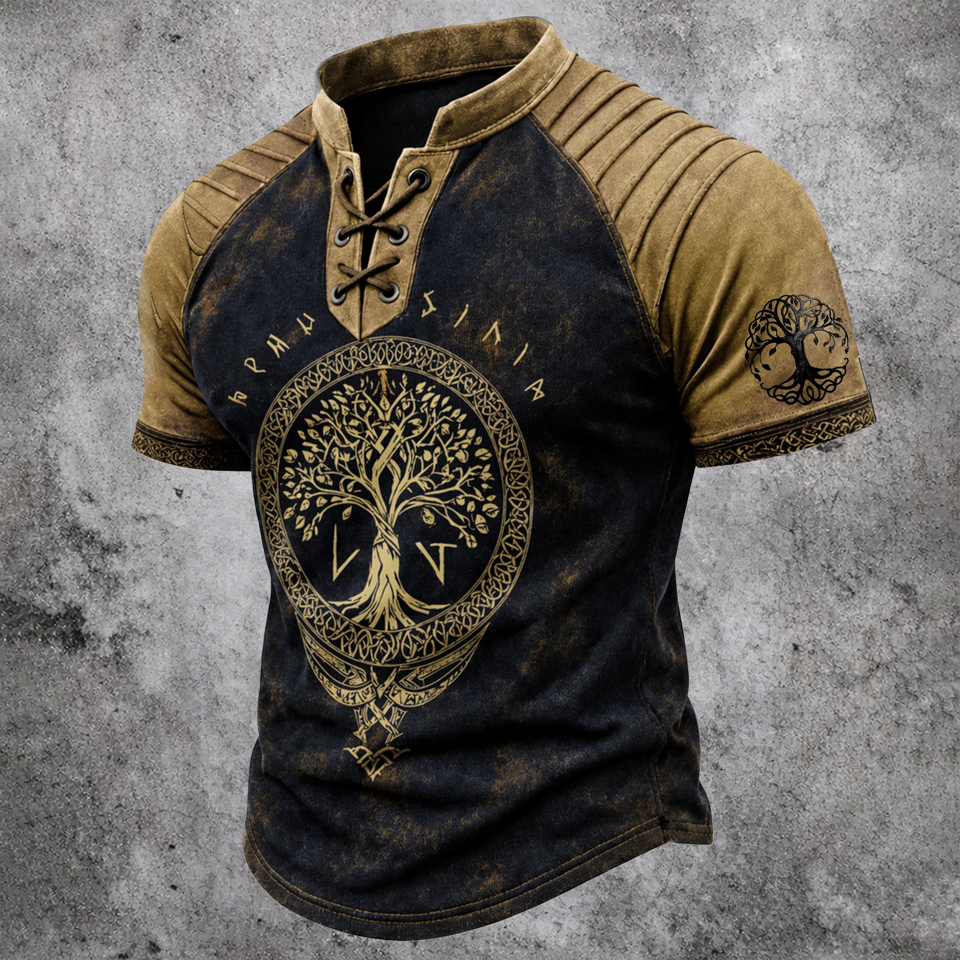 Yggdrasil Distressed Pleated Henley Shirt - NorseKin detail view 3