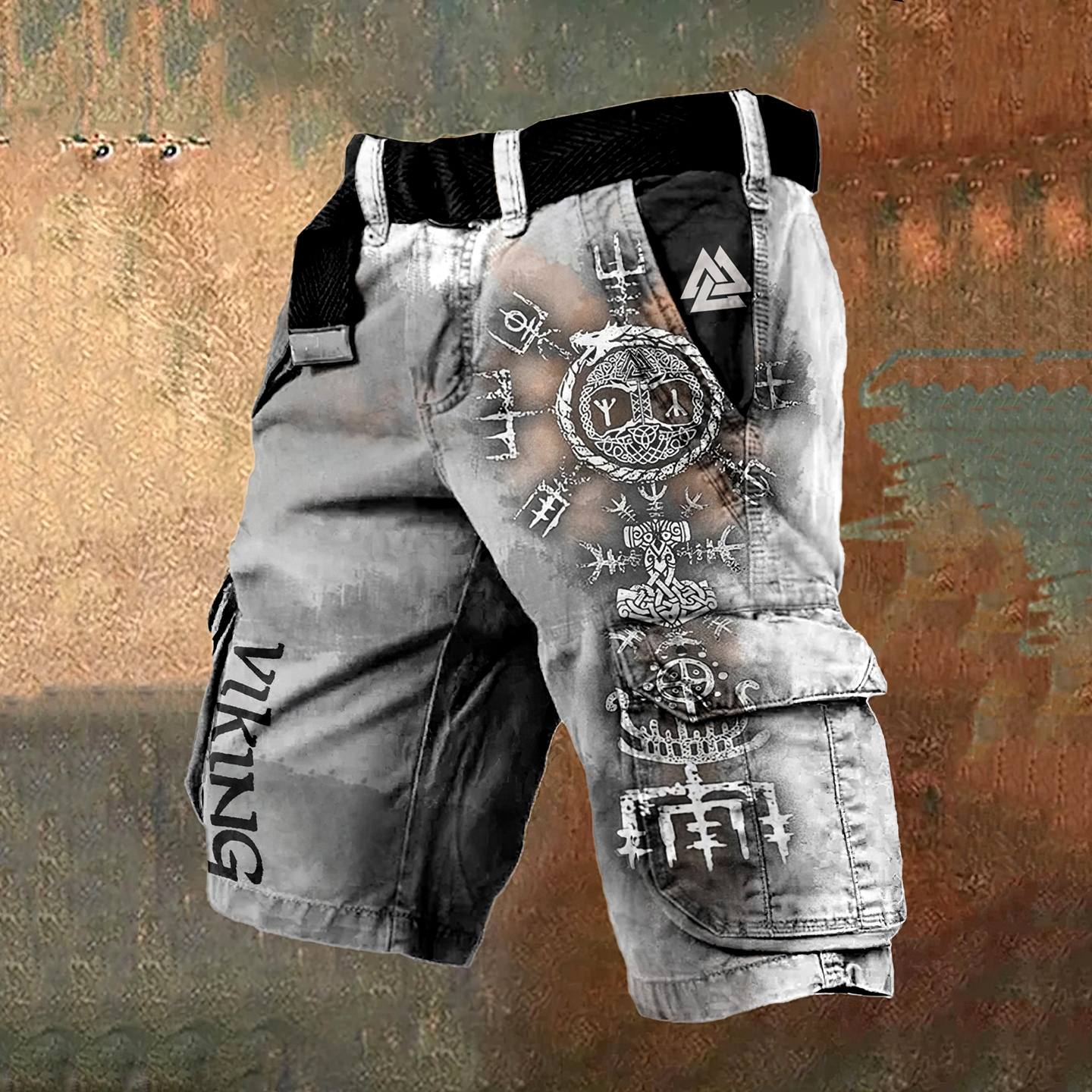 Retro Viking Rune Color-Block Graphic Cargo Shorts - NorseKin detail view 2