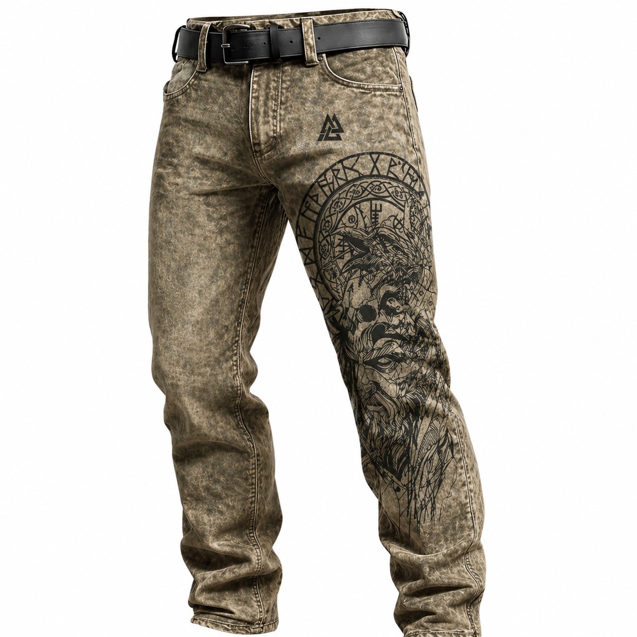 Viking Distressed Khaki Denim Pants - NorseKin front view