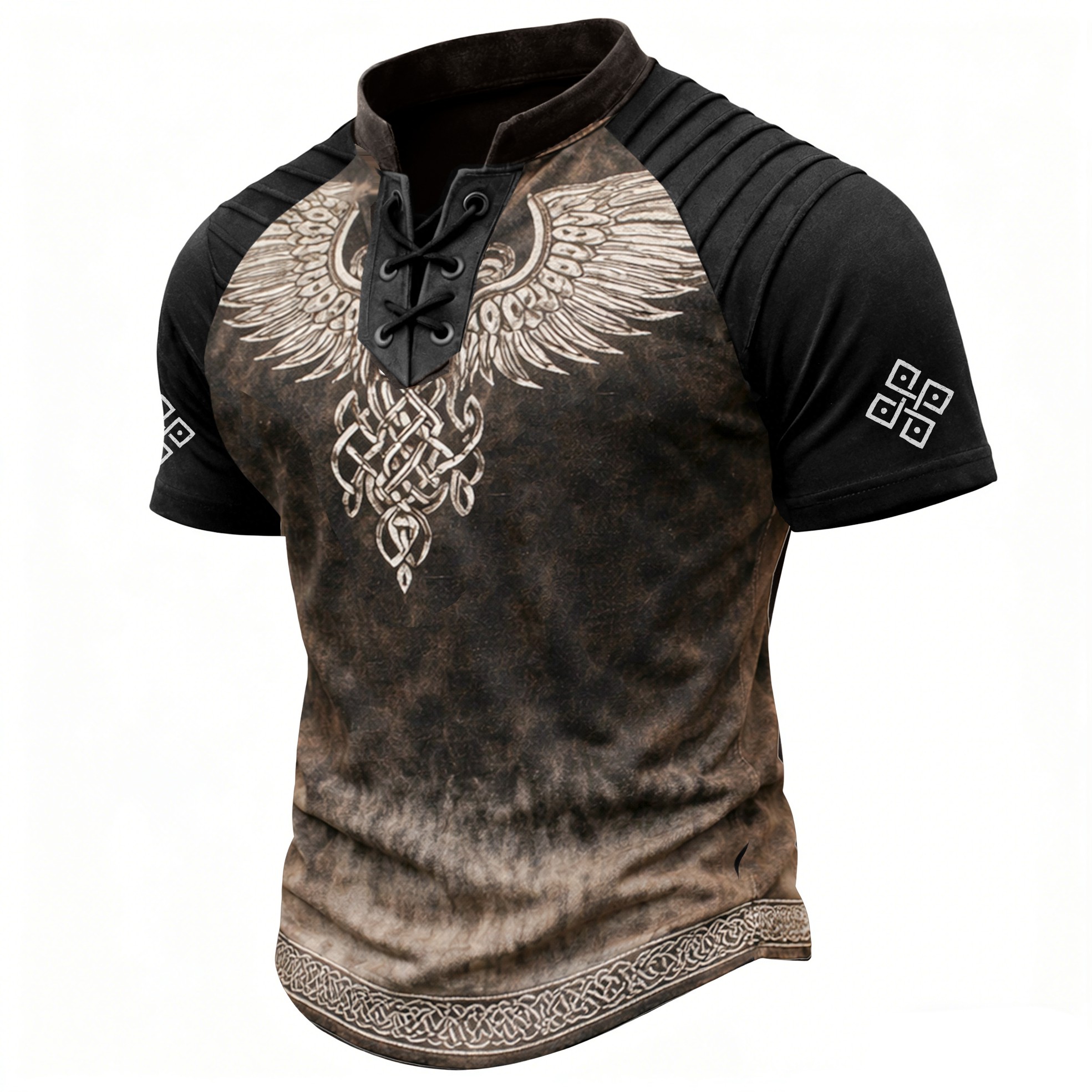 Celtic Knot Distressed Pleated Henley Shirt - NorseKin detail view 2