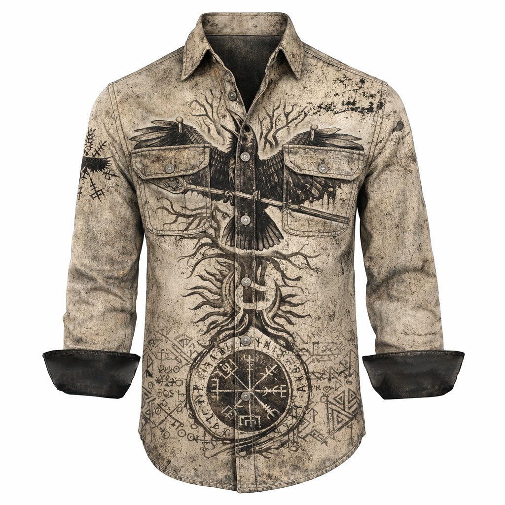 Raven Distressed Button-Down Shirt - NorseKin detail view 2