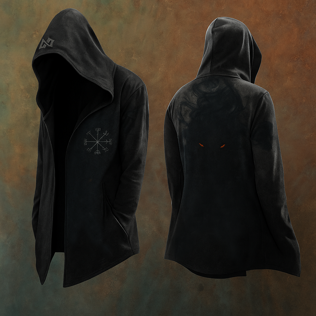 Dark Wolf & Odin Norse Mythology Hooded Coat - NorseKin front view
