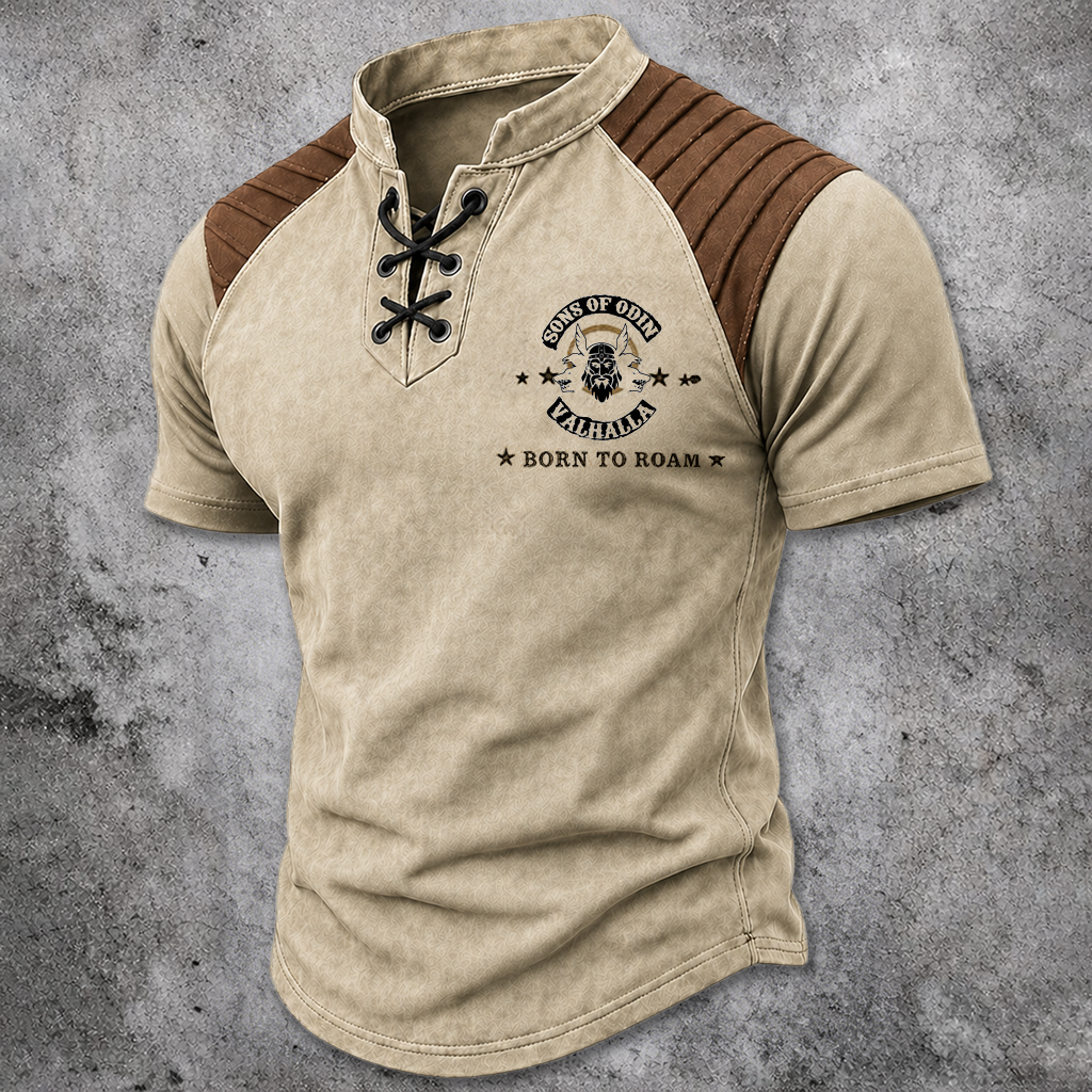 Norse Rune Brown Pleated Henley Shirt - NorseKin detail view 2