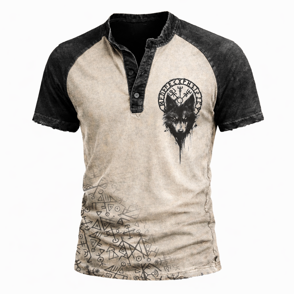 Wolf Distressed Henley Shirt - NorseKin detail view 3